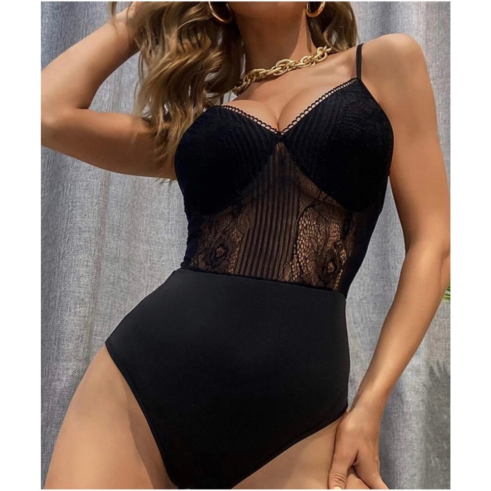 Blue Floral Mesh Lace Cami Bodysuit Sexy - Picture 2 of 7